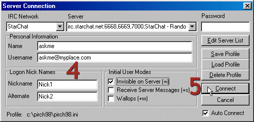 Pirch Server Connection window