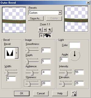 Outer Bevel - width 4, smoothness 8, depth 5, shininess 20, angle 0, intensity 55, elevation 25