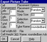 Roundedbars Export Picture Tube dialog box settings.