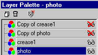 Layer Palette showing "Copy of crease1" and "Copy of photo" layers hidden, and the "photo" layer selected as the active layer