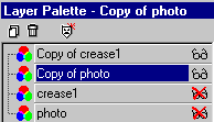 Layer Palette, showing the "Copy of photo" and "Copy of crease1" layers, hiding the "photo" and "crease1" layers, and selecting the "Copy of photo" as the "active" layer.