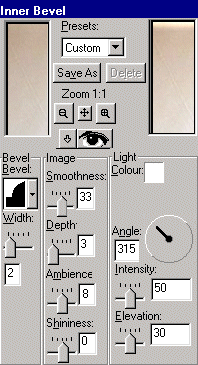 Inner Bevel dialog box settings